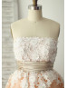 Strapless Ivory Lace Champagne Tulle Knee Length Prom Dress
